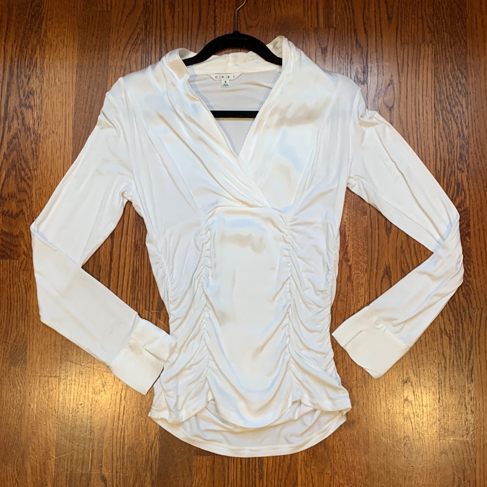 Cabi ruched white long sleeve blouse